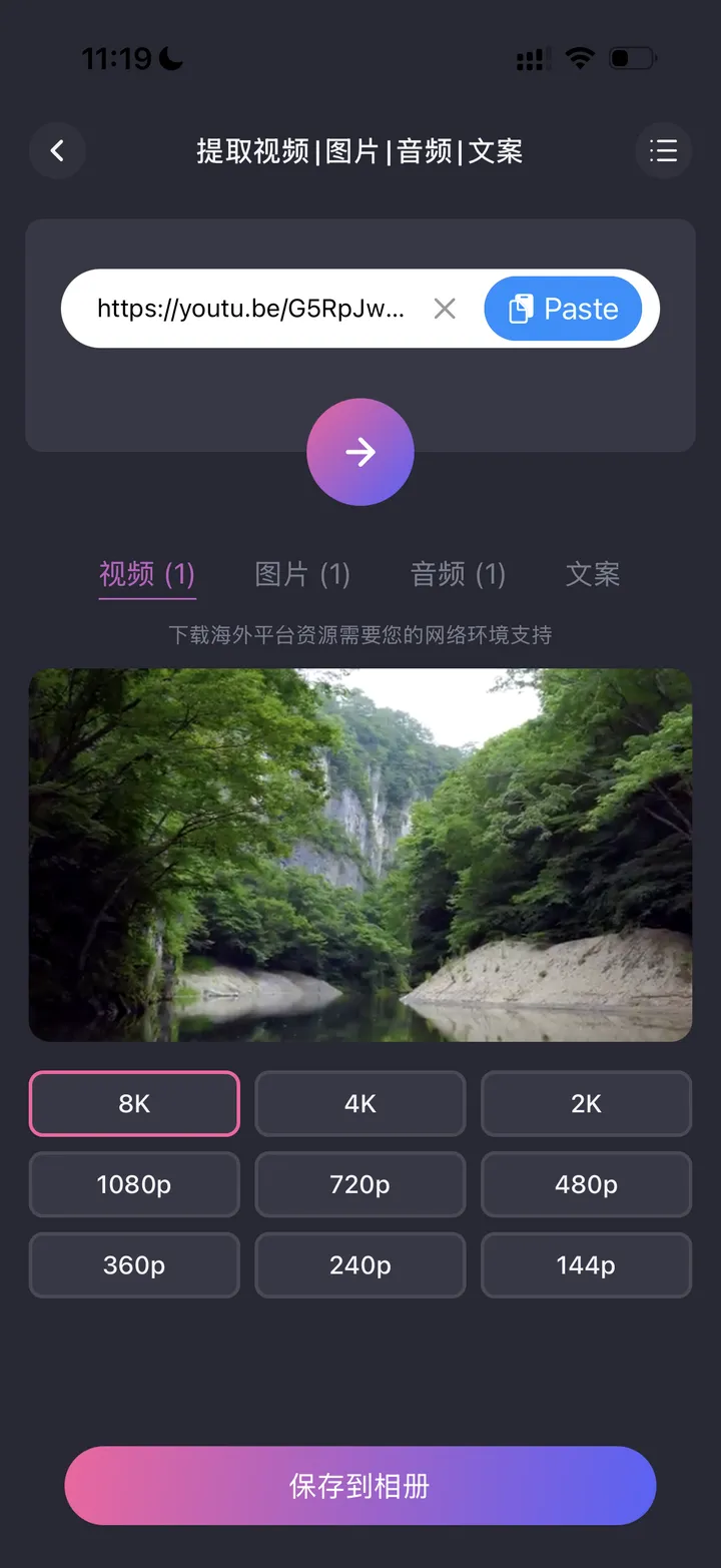 大神水印提取页：粘贴链接提取视频 / 图片 / 音频 / 文案，最高 8K 原画质