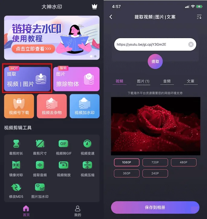 第三步：打开「大神水印」App，进入首页的「提取视频｜图片」功能，粘贴链接即可保存高清视频